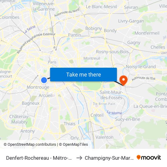 Denfert-Rochereau - Métro-Rer to Champigny-Sur-Marne map