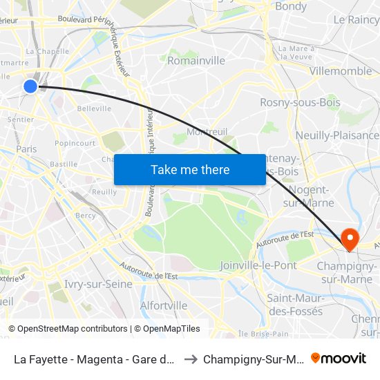 La Fayette - Magenta - Gare du Nord to Champigny-Sur-Marne map