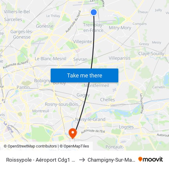 Roissypole - Aéroport Cdg1 (E2) to Champigny-Sur-Marne map