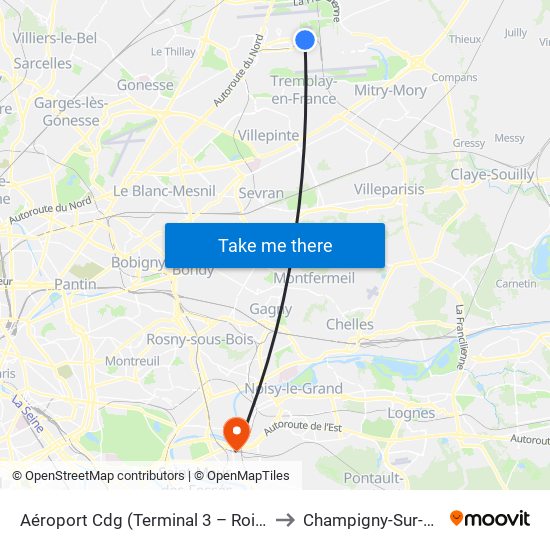 Aéroport Cdg (Terminal 3 – Roissypôle) to Champigny-Sur-Marne map