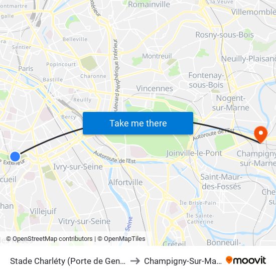 Stade Charléty (Porte de Gentilly) to Champigny-Sur-Marne map