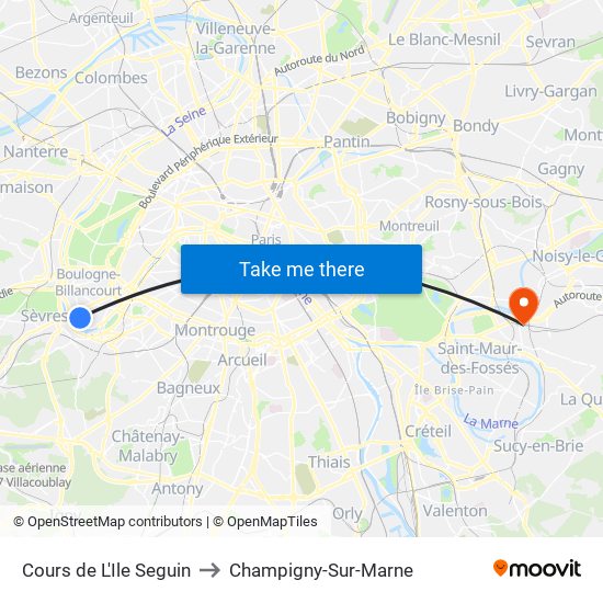 Cours de L'Ile Seguin to Champigny-Sur-Marne map