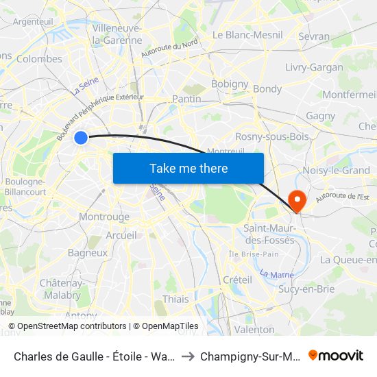 Charles de Gaulle - Étoile - Wagram to Champigny-Sur-Marne map