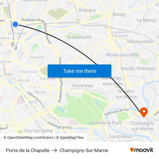 Porte de la Chapelle to Champigny-Sur-Marne map