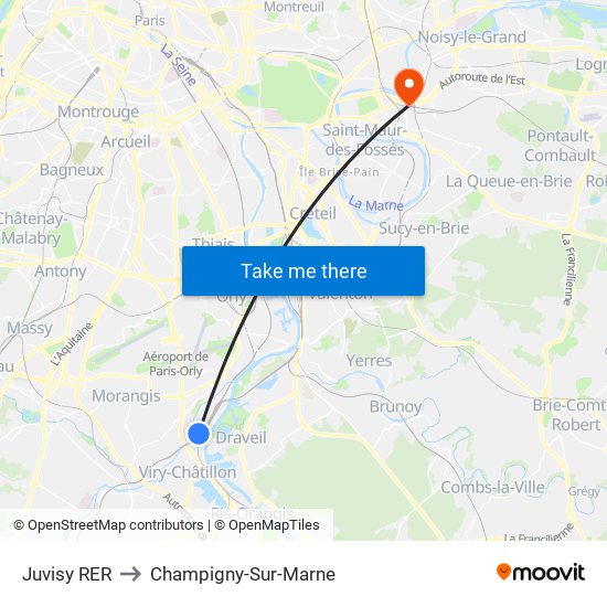 Juvisy RER to Champigny-Sur-Marne map