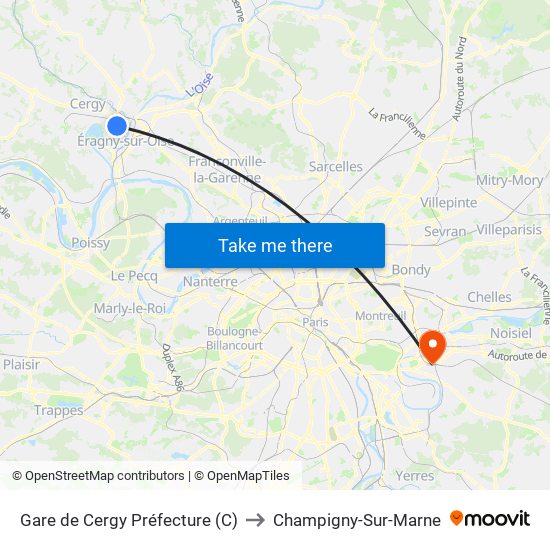 Gare de Cergy Préfecture (C) to Champigny-Sur-Marne map