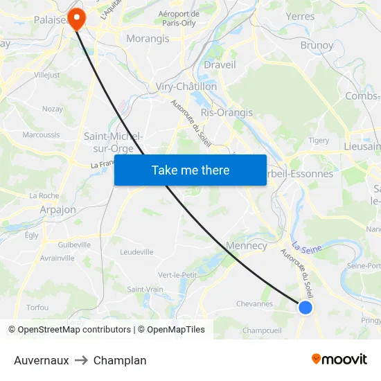 Auvernaux to Champlan map