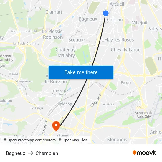 Bagneux to Champlan map