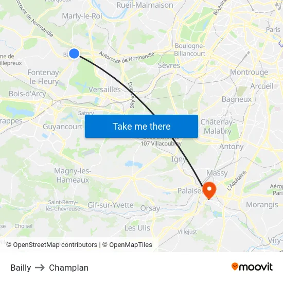 Bailly to Champlan map