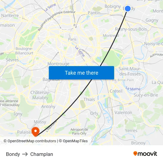 Bondy to Champlan map
