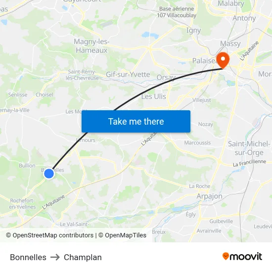Bonnelles to Champlan map