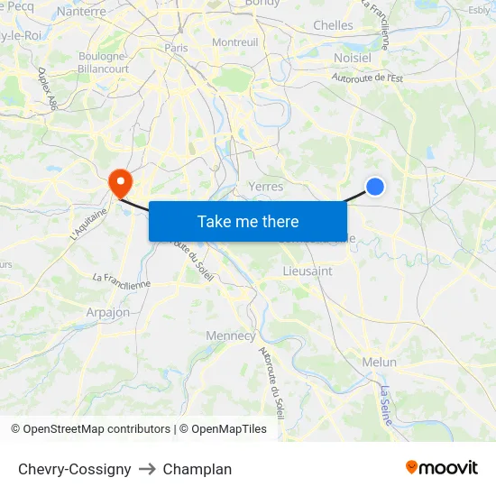 Chevry-Cossigny to Champlan map