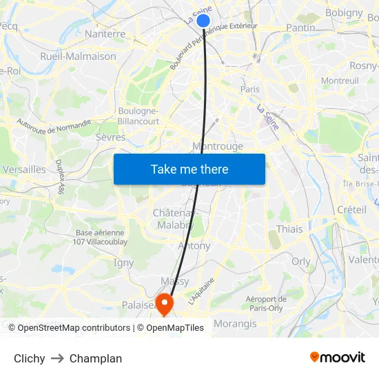 Clichy to Champlan map