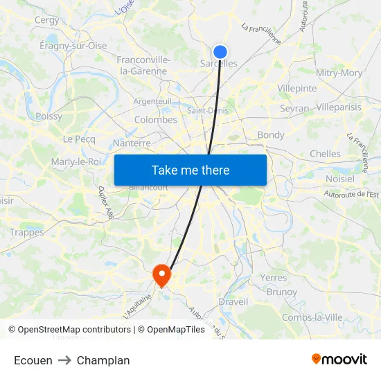 Ecouen to Champlan map