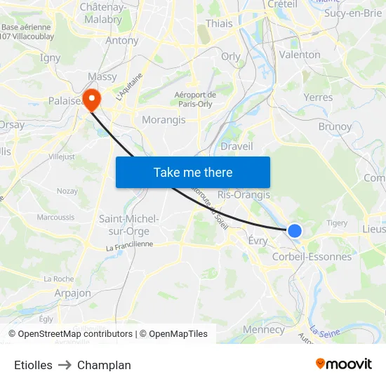 Etiolles to Champlan map