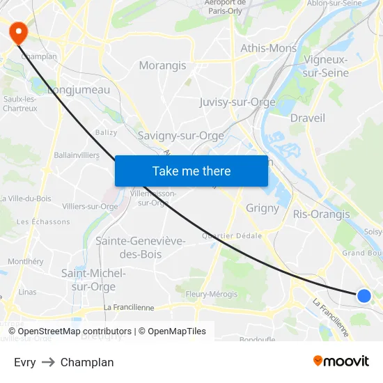 Evry to Champlan map