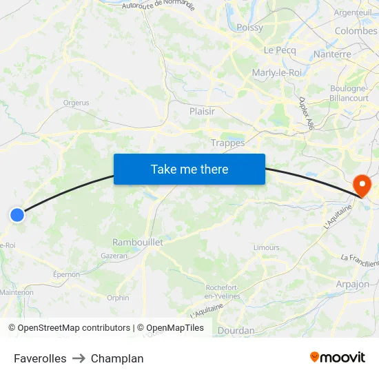Faverolles to Champlan map