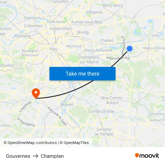 Gouvernes to Champlan map