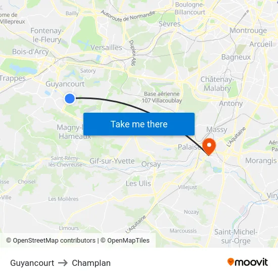 Guyancourt to Champlan map