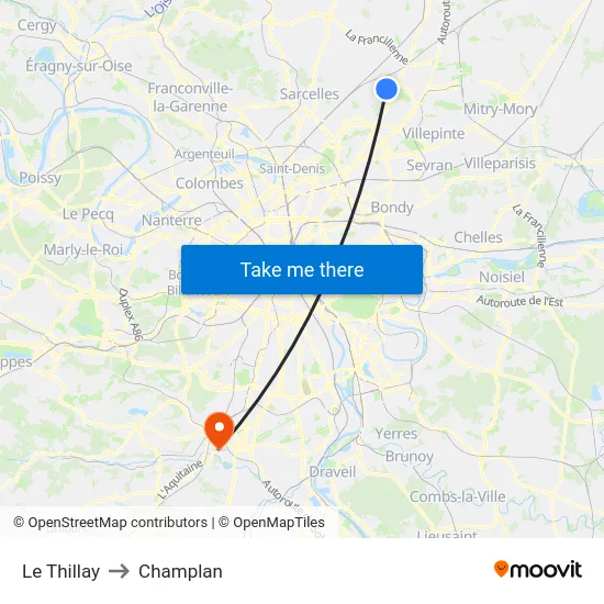 Le Thillay to Champlan map