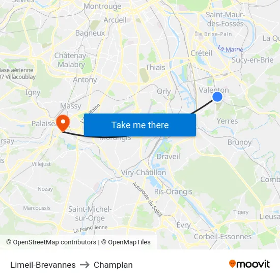 Limeil-Brevannes to Champlan map
