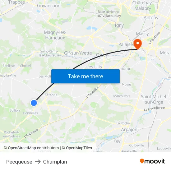 Pecqueuse to Champlan map