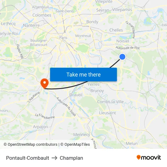 Pontault-Combault to Champlan map