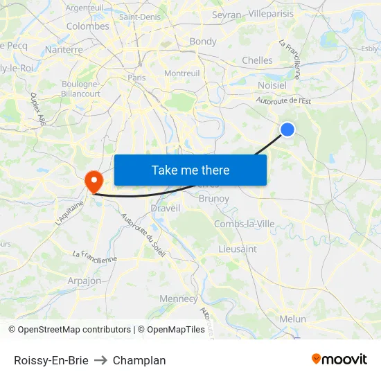 Roissy-En-Brie to Champlan map