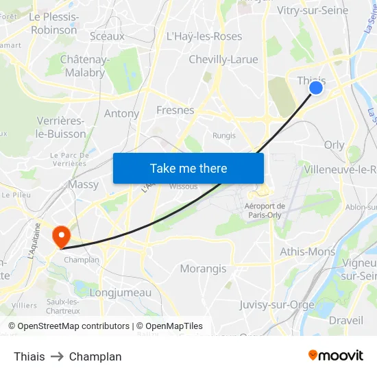 Thiais to Champlan map