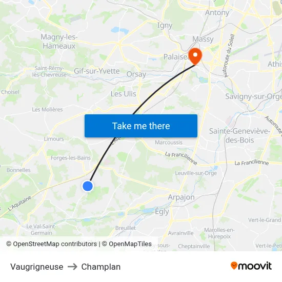Vaugrigneuse to Champlan map