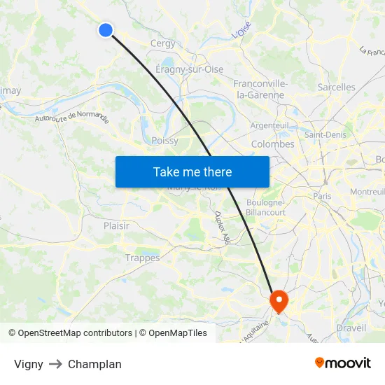 Vigny to Champlan map