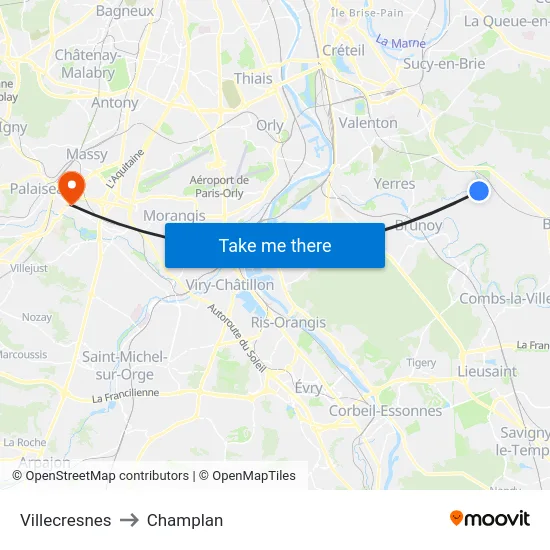Villecresnes to Champlan map