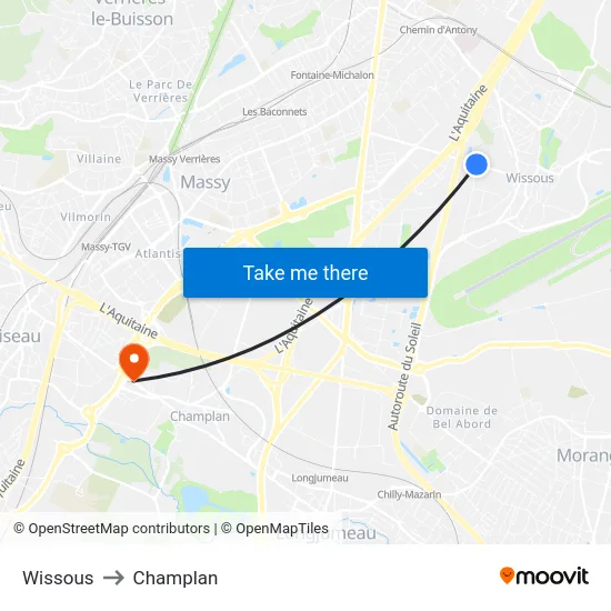 Wissous to Champlan map