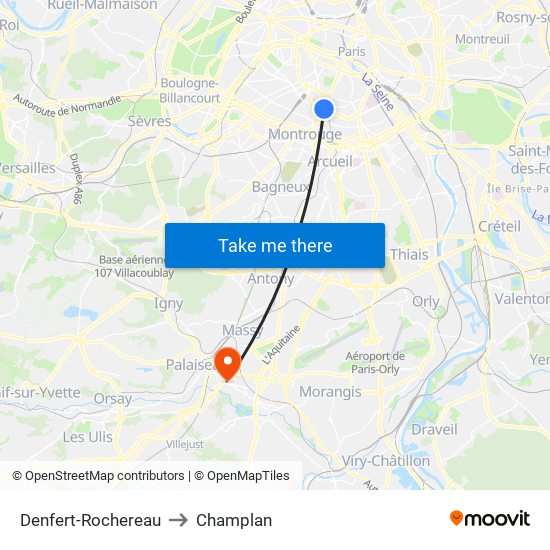 Denfert-Rochereau to Champlan map