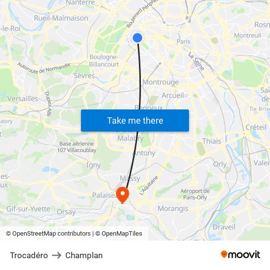 Trocadéro to Champlan map