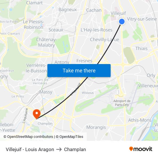 Villejuif - Louis Aragon to Champlan map