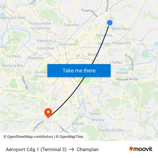 Aéroport Cdg 1 (Terminal 3) to Champlan map