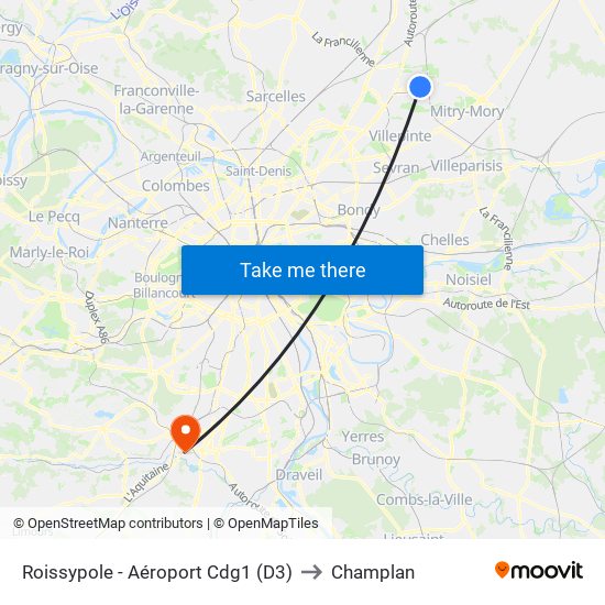 Roissypole - Aéroport Cdg1 (D3) to Champlan map