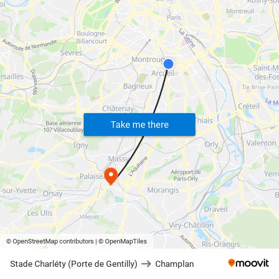 Stade Charléty (Porte de Gentilly) to Champlan map