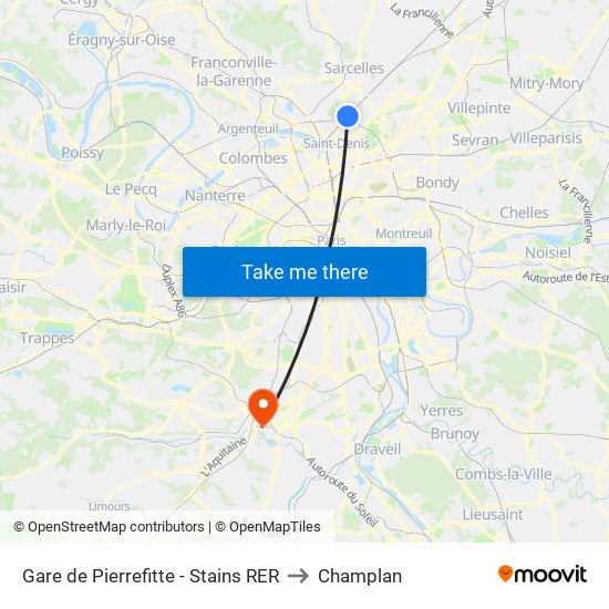 Gare de Pierrefitte - Stains RER to Champlan map