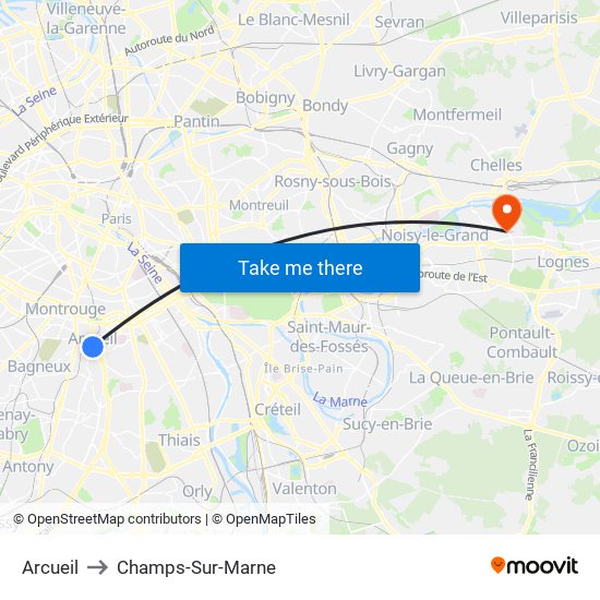 Arcueil to Champs-Sur-Marne map