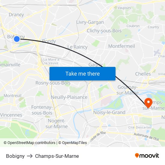 Bobigny to Champs-Sur-Marne map