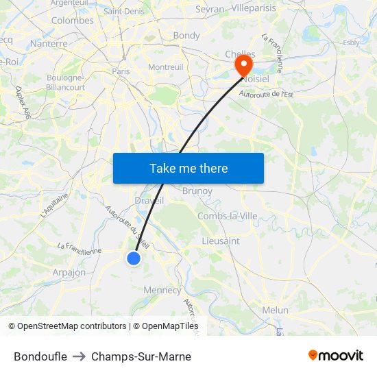 Bondoufle to Champs-Sur-Marne map