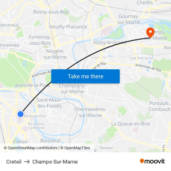Creteil to Champs-Sur-Marne map