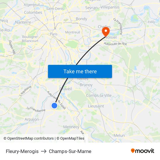 Fleury-Merogis to Champs-Sur-Marne map