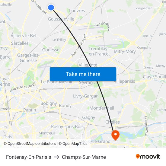 Fontenay-En-Parisis to Champs-Sur-Marne map