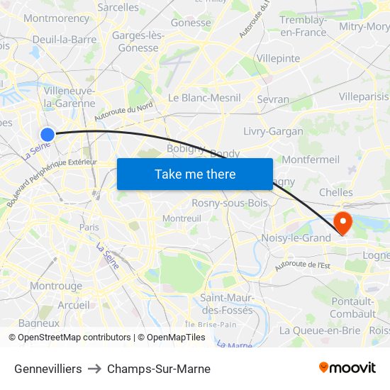 Gennevilliers to Champs-Sur-Marne map