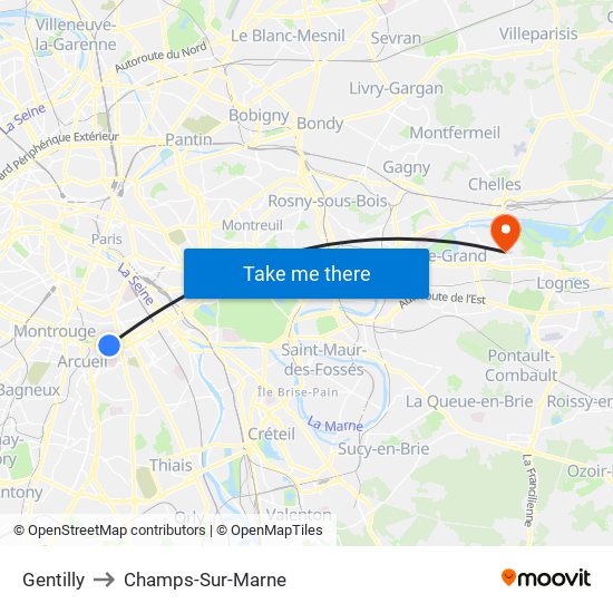 Gentilly to Champs-Sur-Marne map