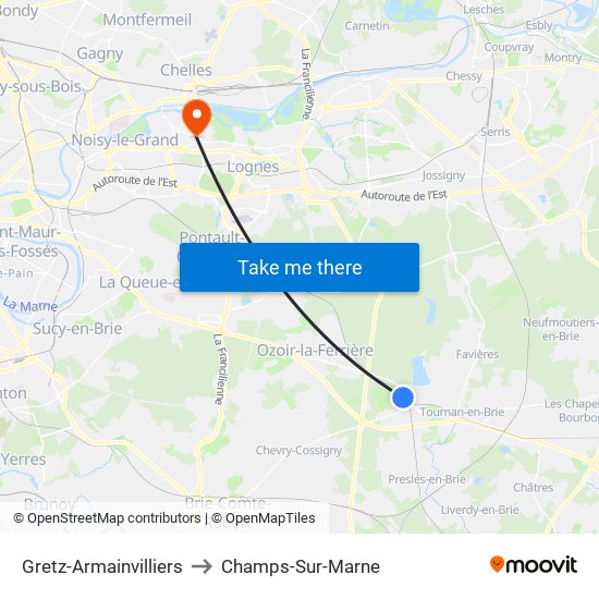 Gretz-Armainvilliers to Champs-Sur-Marne map