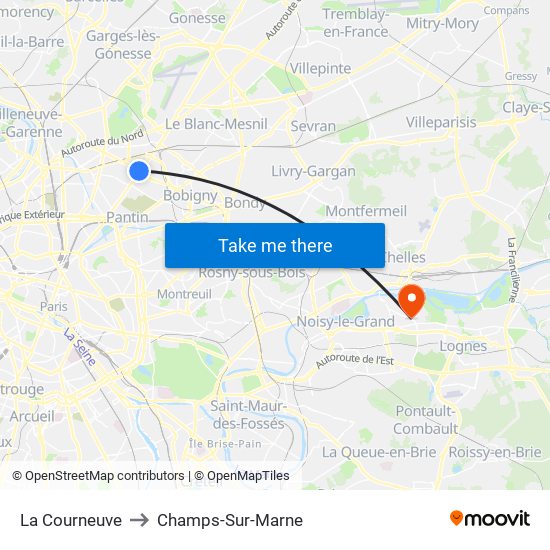 La Courneuve to Champs-Sur-Marne map